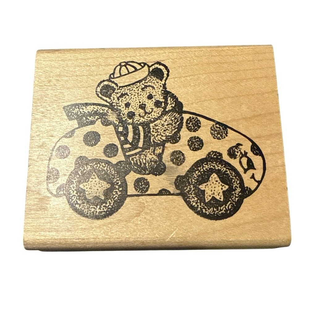 Vintage Teddy Bear Driving Car with Stars & Polka Dots Wood Mounted Rubber Stamp